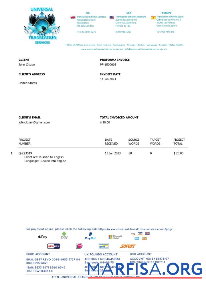 Realistic USA Universal Translation Services invoice Word and PDF template